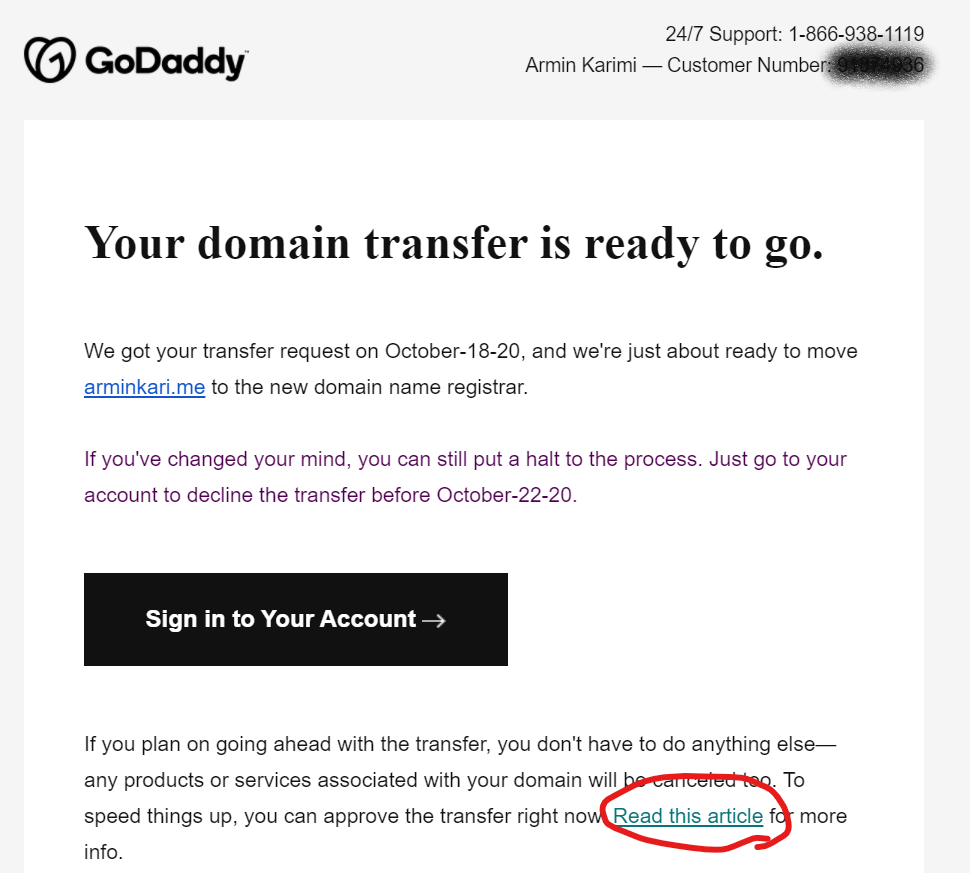 GoDaddy Transfer Email